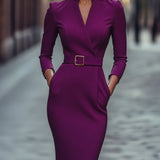 Nora | Raffiniertes schwarzes Kleid mit Gürtel und Stehkragen