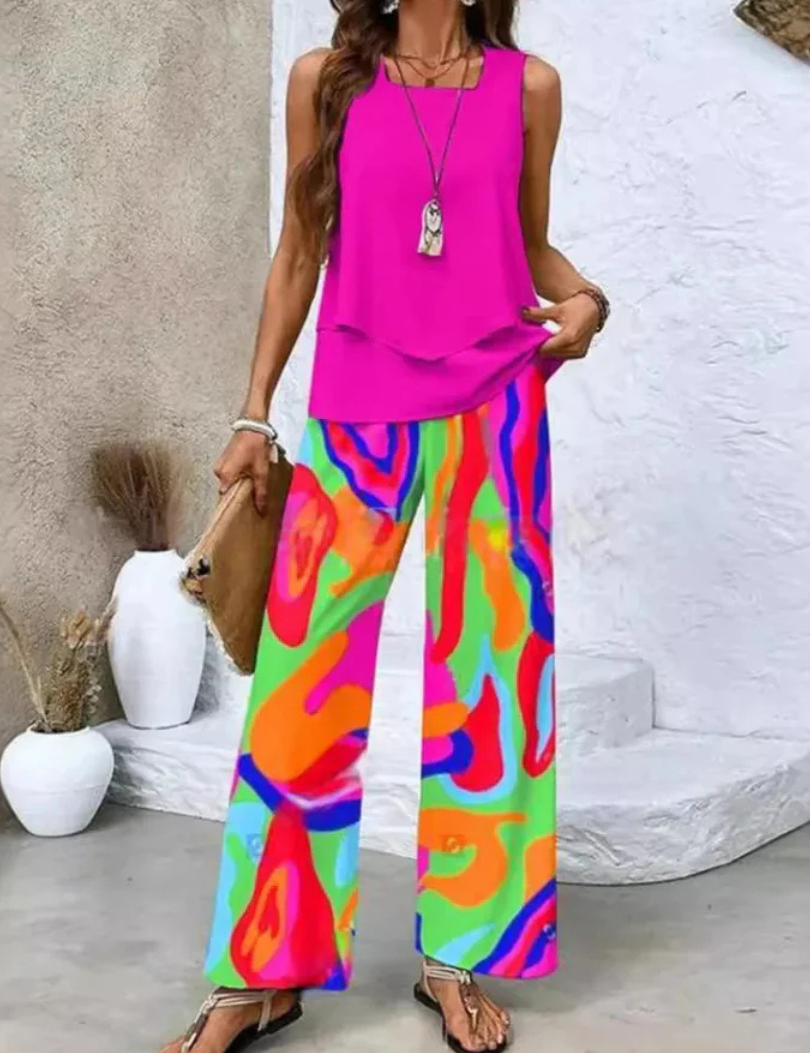 Ovelynra™ Ärmelloses Oberteil und Hose mit weitem Bein Set, Nahaufnahme