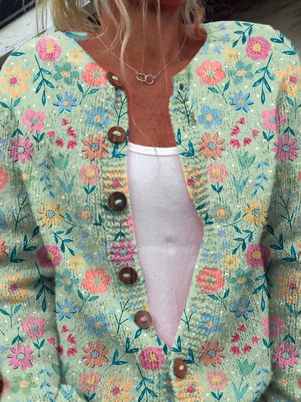 Claudia – Mintgrüne Strickjacke mit bunten Blumen von Amora Bern, Ansicht 2