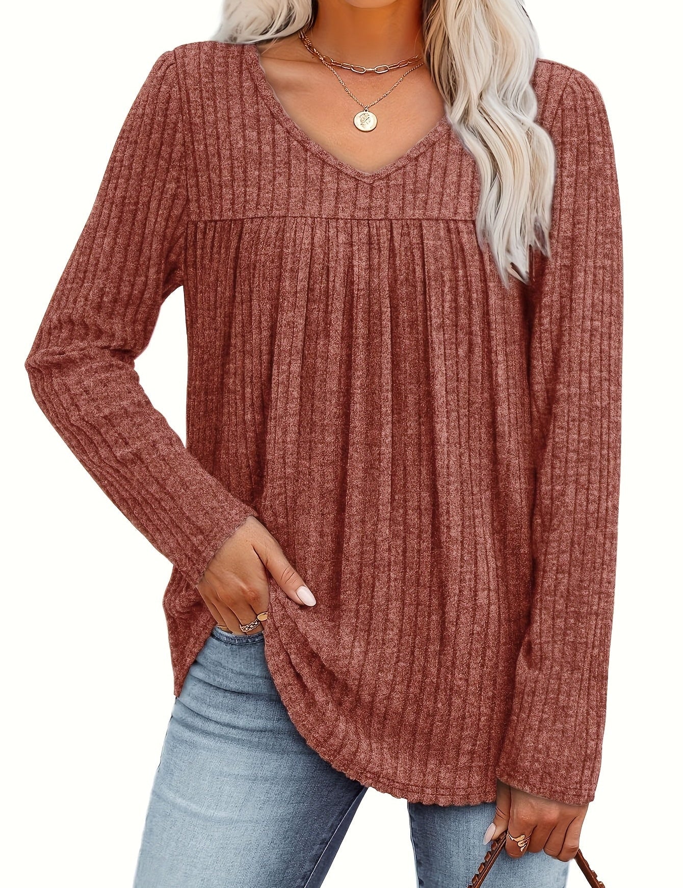 Ellia™ Leichte Strickbluse mit V-Ausschnitt, Vorderansicht