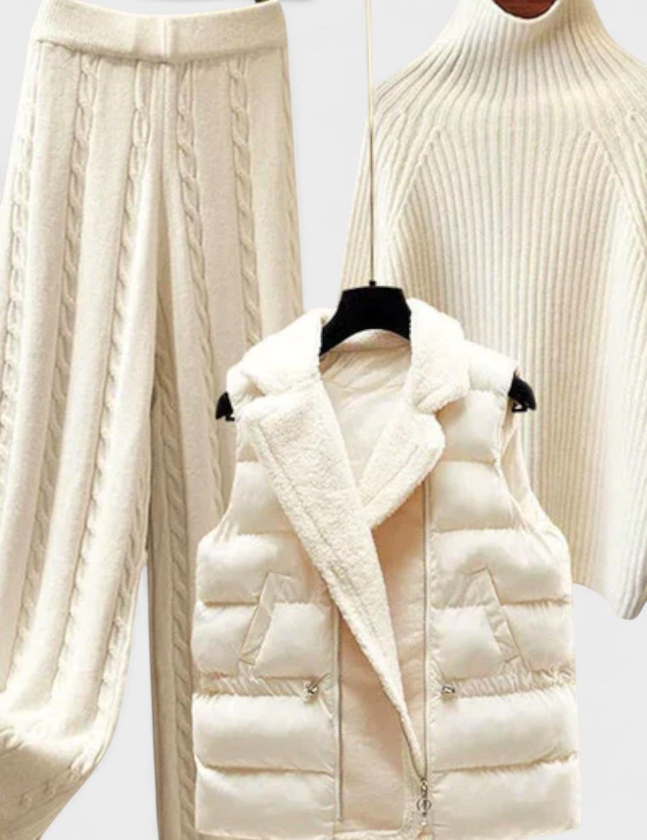 Immengard – Zopfmusterpullover, Steppweste & Hose Set von Amora Bern