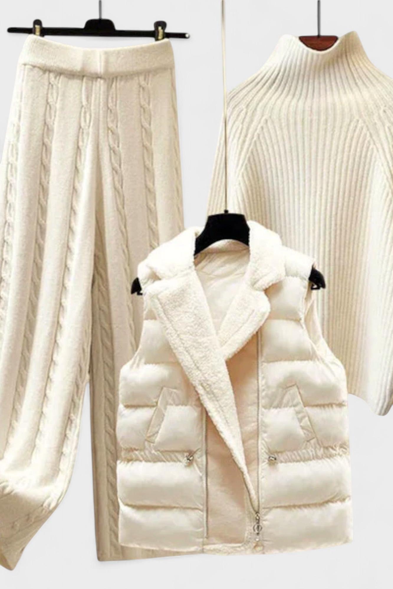 Immengard – Zopfmusterpullover, Steppweste & Hose Set von Amora Bern