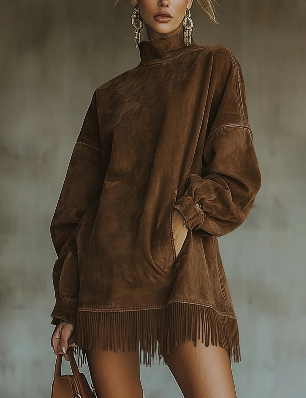 Greta™ | Velourskleid mit hohem Kragen und Fransen