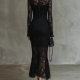 Veronika™ | Schwarzes Spitzen-Maxikleid