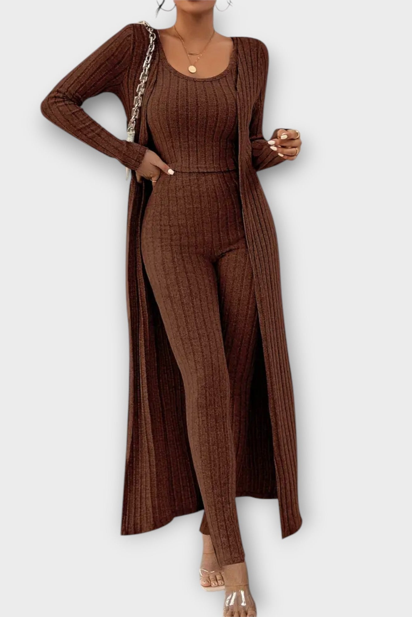 Thiadrun – Gerippter Jumpsuit mit langer Strickjacke von Amora Bern, Ansicht 3