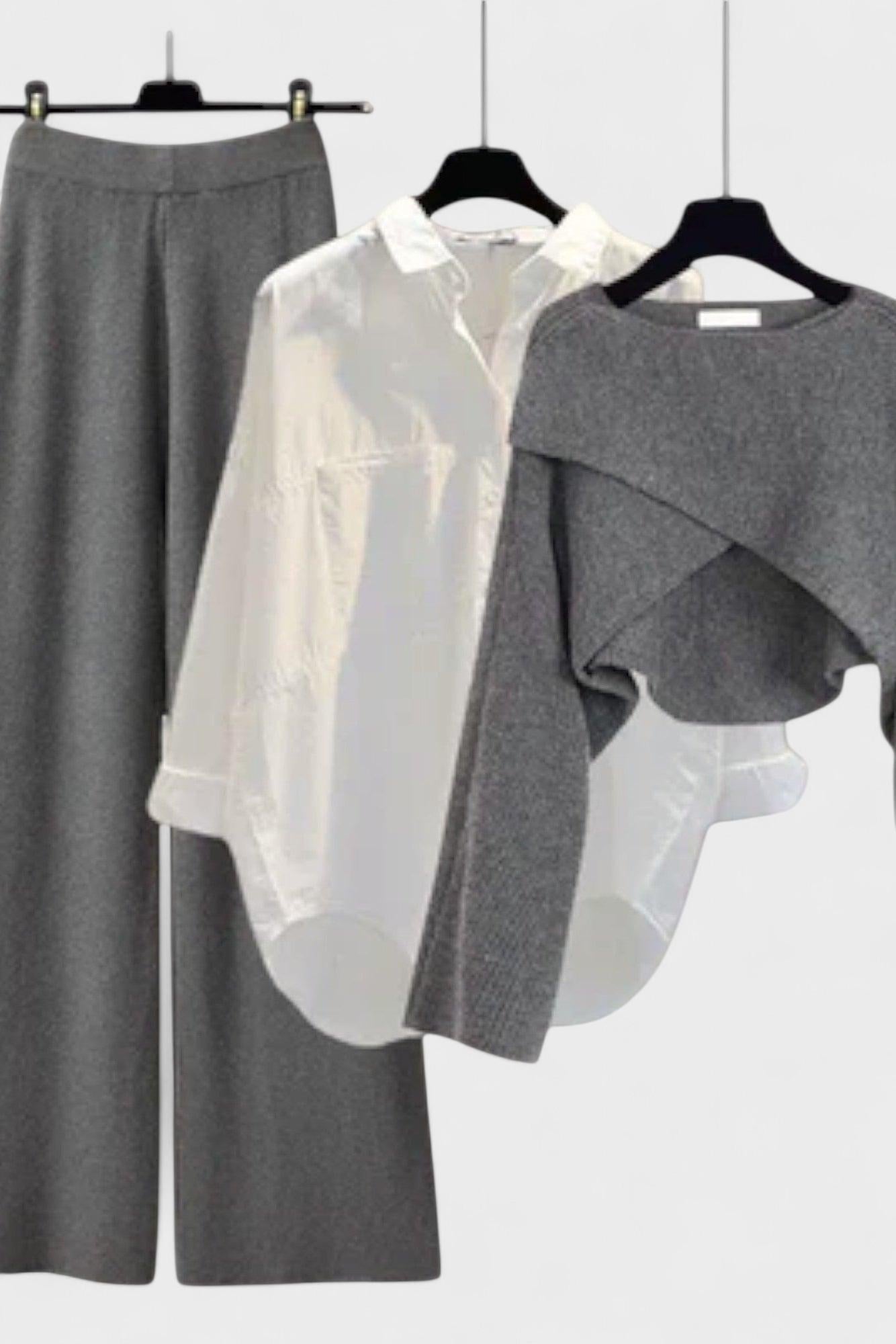 Norhild – Dreiteiliges Hemd-, Stricktop- & Hosen-Set von Amora Bern