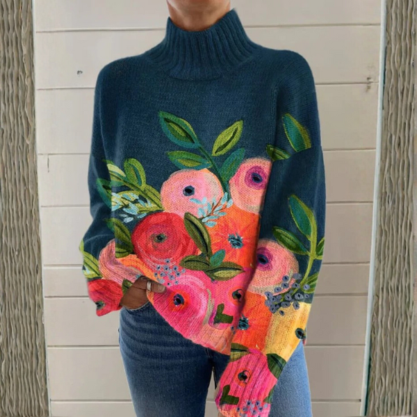 Josefa – Dunkelblauer Rollkragenpullover mit Blumenmuster von Amora Bern