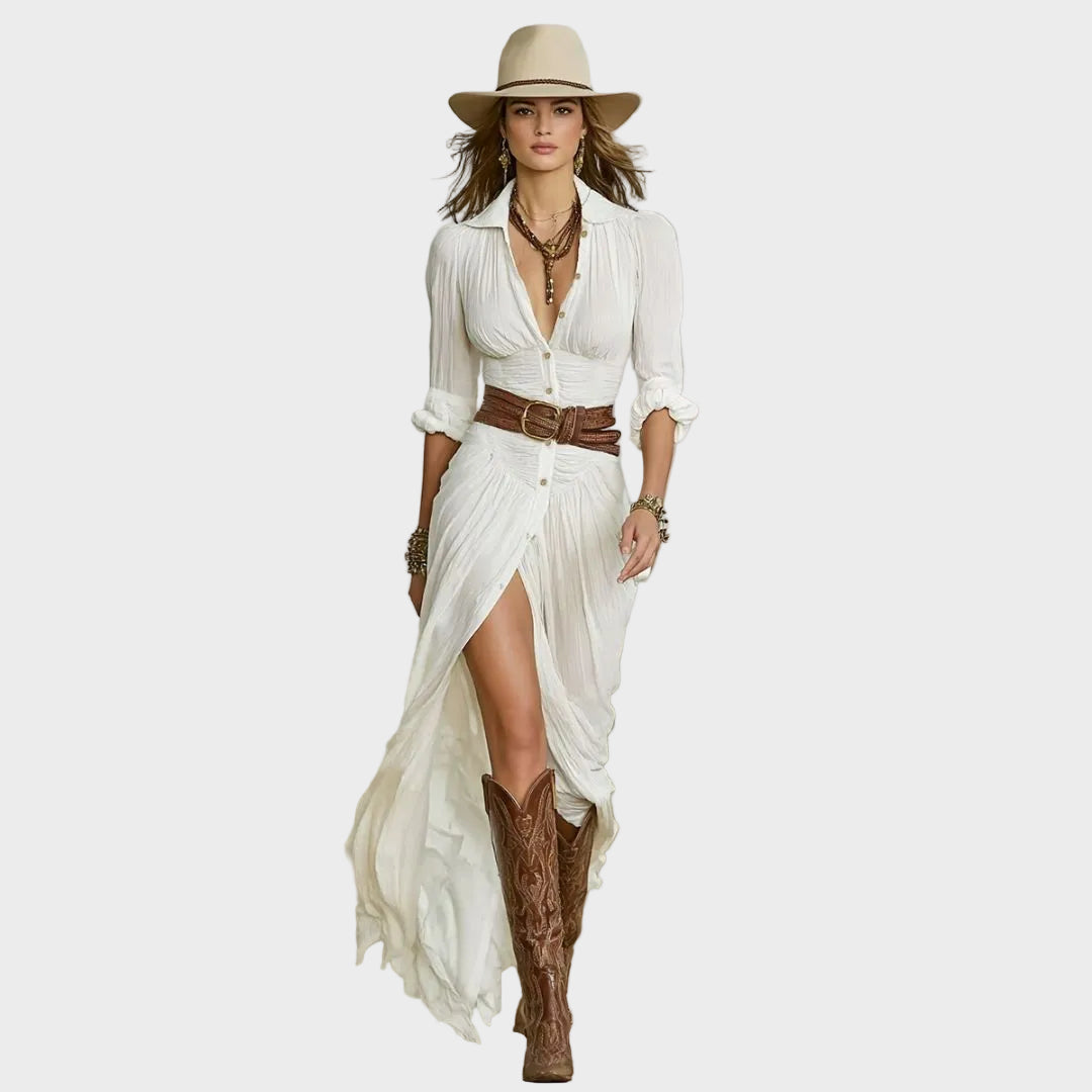 Cordula – Elegantes Maxikleid mit Schalkragen von Amora Bern