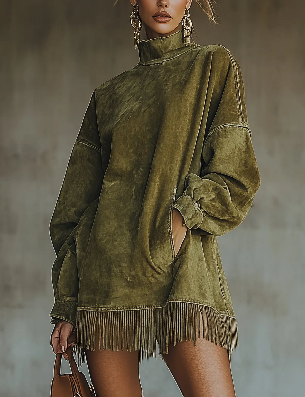 Greta™ | Velourskleid mit hohem Kragen und Fransen