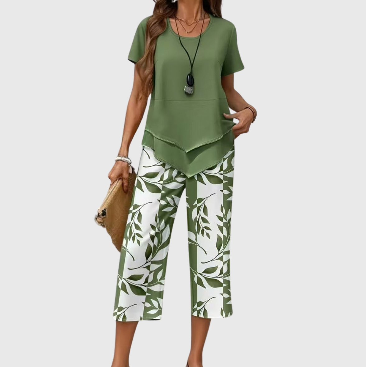 Avy™ Casual Leaf Print Zweiteiliges Set, Vorderansicht