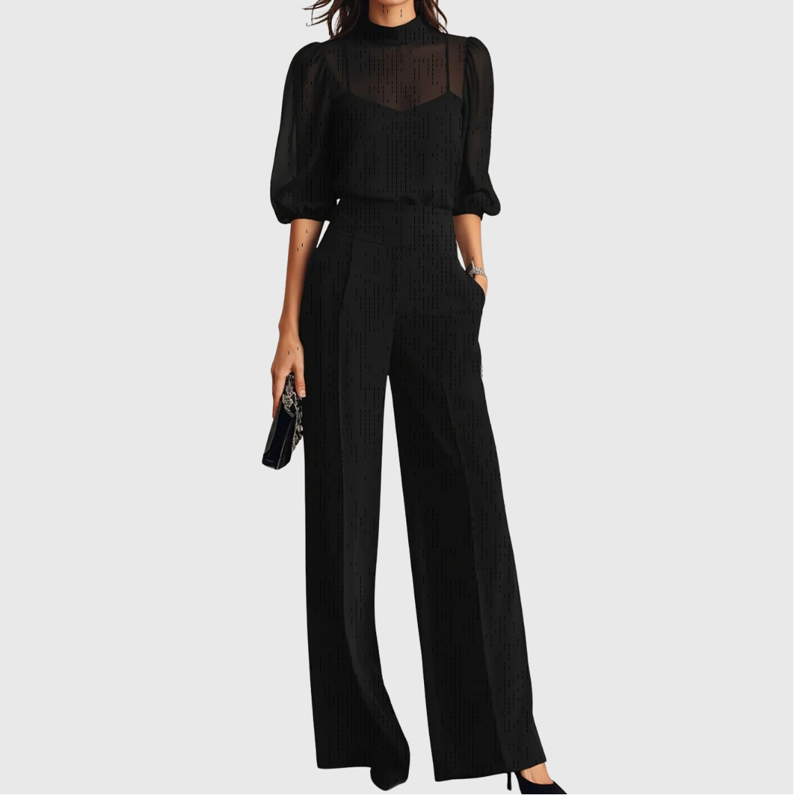 Elodie Dreiteiliges Set aus Oberteil und Hose mit weitem Bein, Vorderansicht