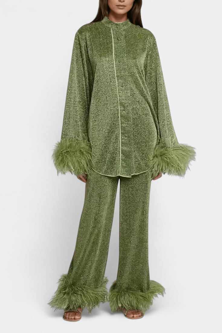 Mainhild – Langarm-Oberteil & Hose mit Federbesatz Set von Amora Bern, Ansicht 2
