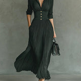 Elvira™ | Plissiertes Maxikleid mit Reverskragen und hoher Taille