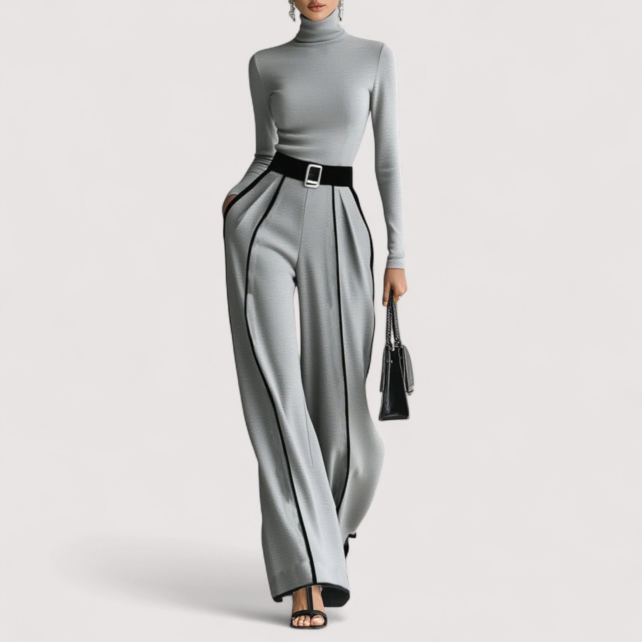 Nolia™ | Langarmshirt mit hohem Kragen und weißen Akzenten mit weiten Hosen und Gürtelset