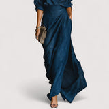 Lenora™ | Elegantes Dunkelblaues Baumwoll-Leinen-Mix Hemd Lange Rock Set