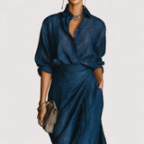 Lenora™ | Elegantes Dunkelblaues Baumwoll-Leinen-Mix Hemd Lange Rock Set