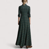 Fiora™ | Grünes Karomuster Revers Einreiher Hemd Maxi Kleid