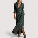 Fiora™ | Grünes Karomuster Revers Einreiher Hemd Maxi Kleid