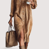 Calina™ | Lockeres Cord-Doppel-Brusttaschen-Midi-Kleid mit Ein-Knopf-Verschluss