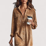 Calina™ | Lockeres Cord-Doppel-Brusttaschen-Midi-Kleid mit Ein-Knopf-Verschluss