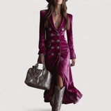 Evelis™ | Lila Knopf-Down Samt Langer Blazer Maxi Kleid