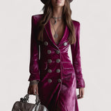 Evelis™ | Lila Knopf-Down Samt Langer Blazer Maxi Kleid