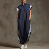 Elvara™ | Gestreifter Jumpsuit in Kontrastfarben mit Stehkragen und Reissverschluss