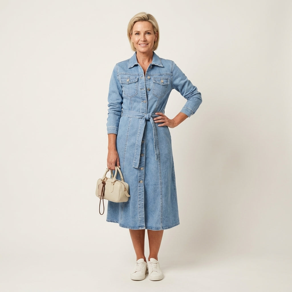 Benedikta – Maxikleid aus Denim mit langen Ärmeln von Amora Bern
