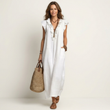 Anita – Langes Kleid mit V-Ausschnitt und Rüschen