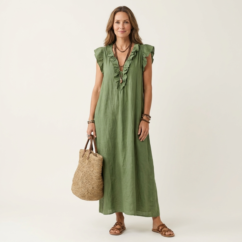 Anita Langes Kleid mit V-Ausschnitt und Rüschen, Vorderansicht