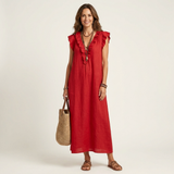 Anita – Langes Kleid mit V-Ausschnitt und Rüschen