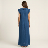 Anita – Langes Kleid mit V-Ausschnitt und Rüschen