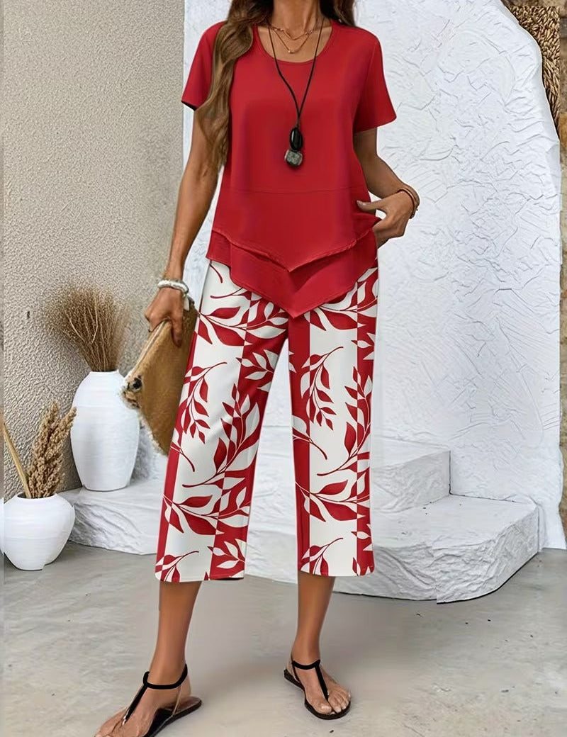 Avy™ Casual Leaf Print Zweiteiliges Set, Nahaufnahme