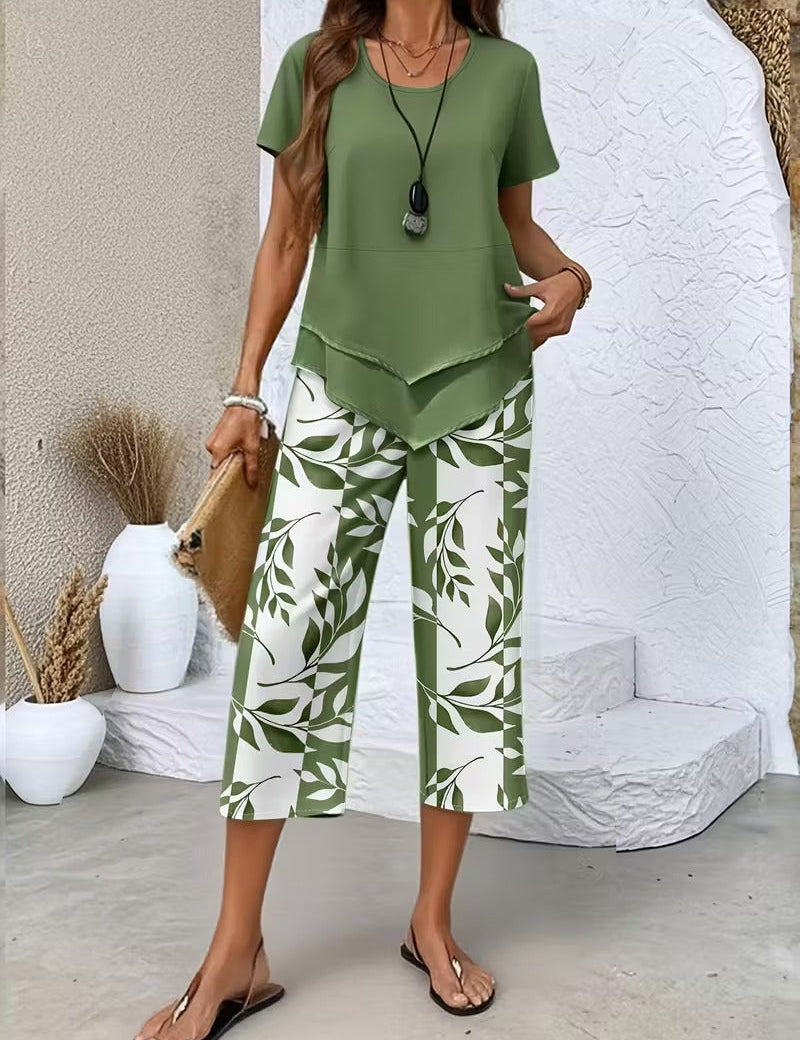Avy™ Casual Leaf Print Zweiteiliges Set, Seitenansicht
