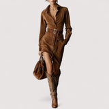 Elvia™ | Wildleder Einreiher Revers Langarm Midi Kleid