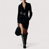 Elvia™ | Wildleder Einreiher Revers Langarm Midi Kleid