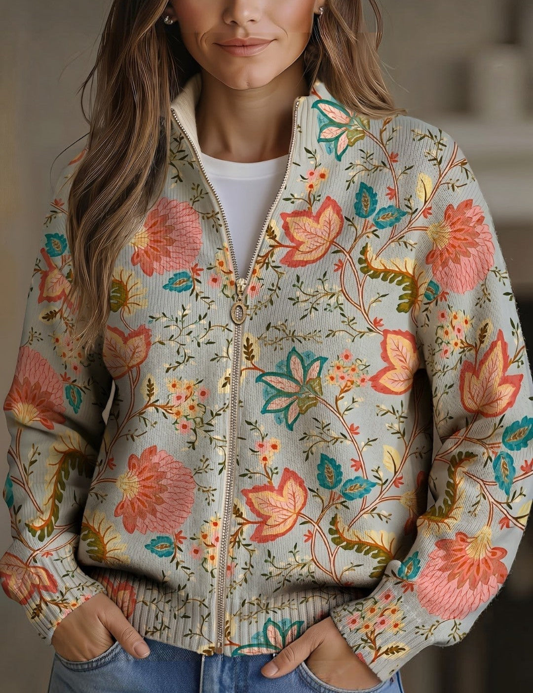 Petra – Strickjacke mit floralem Gartenmuster von Amora Bern