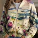 Heike – Strickjacke mit Distel- und Landschaftsmotiv von Amora Bern