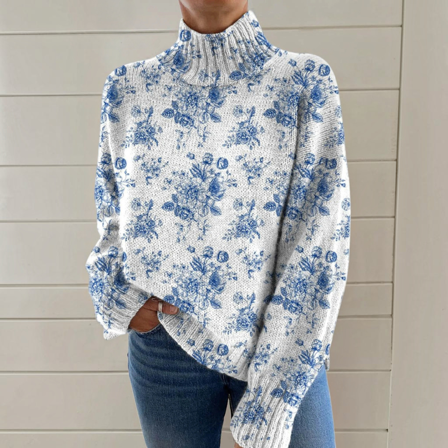 Emmeli – Weiss-blauer Rollkragenpullover mit Blumenmuster von Amora Bern