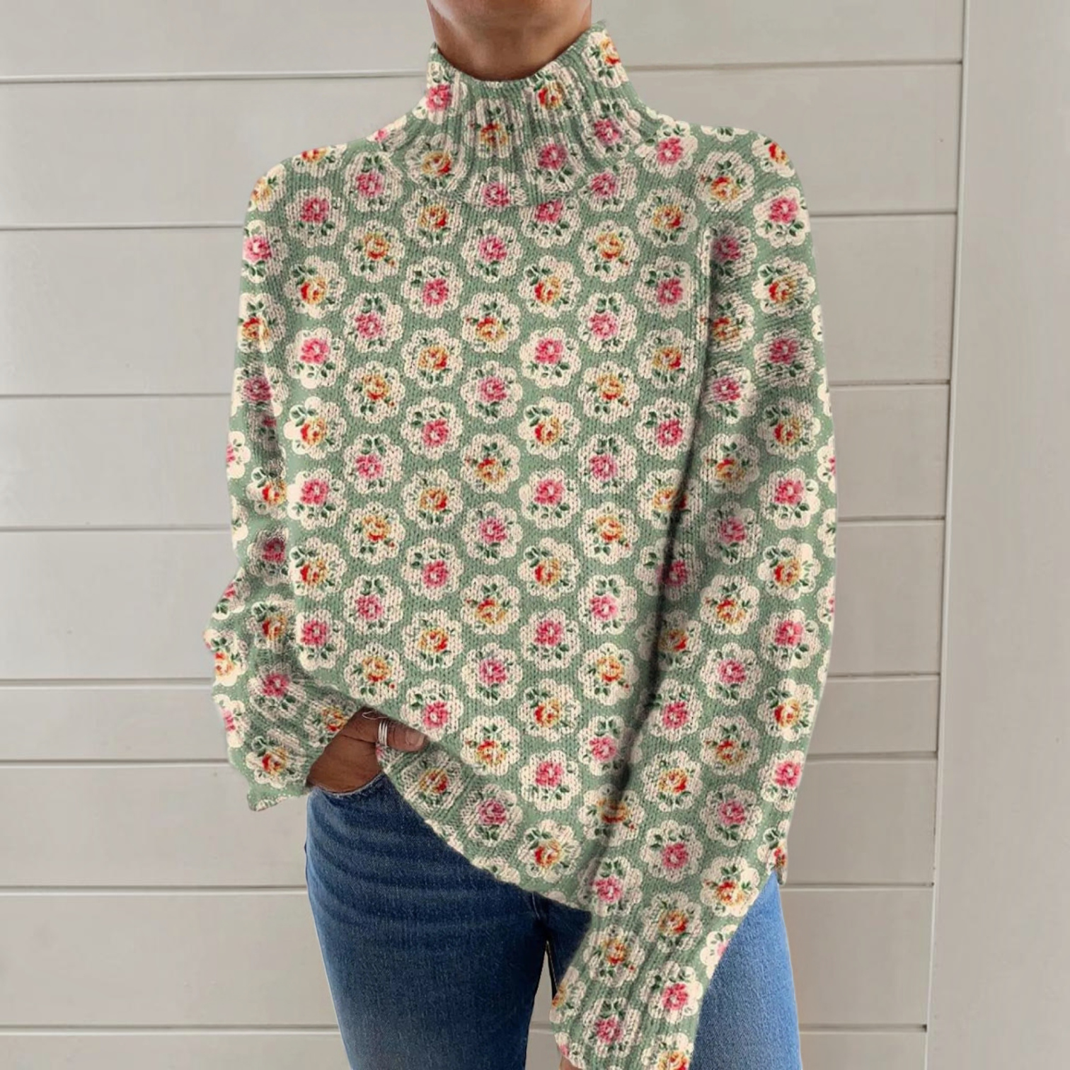 Ruth – Cremefarbener Rollkragenpullover mit kleinen Blüten von Amora Bern