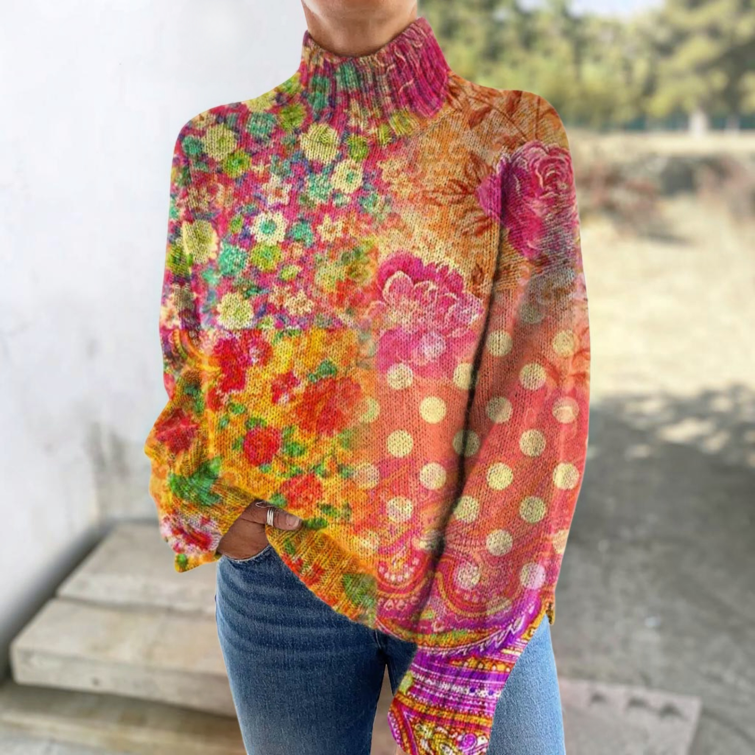 Rosli – Rollkragenpullover mit Blumen & Punkten von Amora Bern