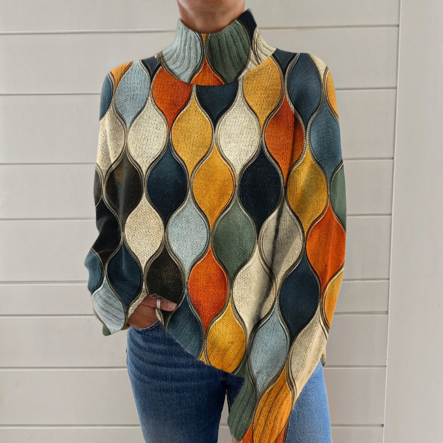 Amalia – Rollkragenpullover mit Retro-Tropfenmuster von Amora Bern