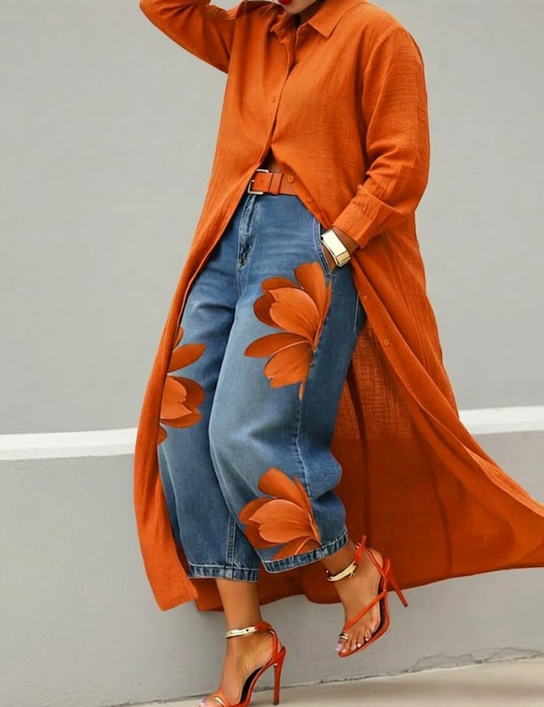 Daniella – Leinenkleid & Florales Denim-Set